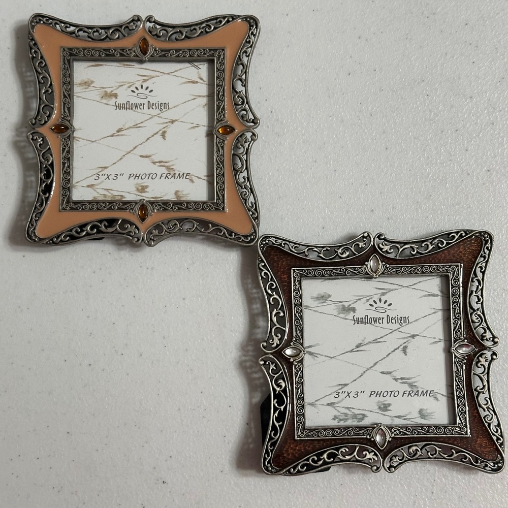 Sunflower Designs Ornate Filigree Enamel 3x3 Photo Frame Set of 2 Brown & Peach
